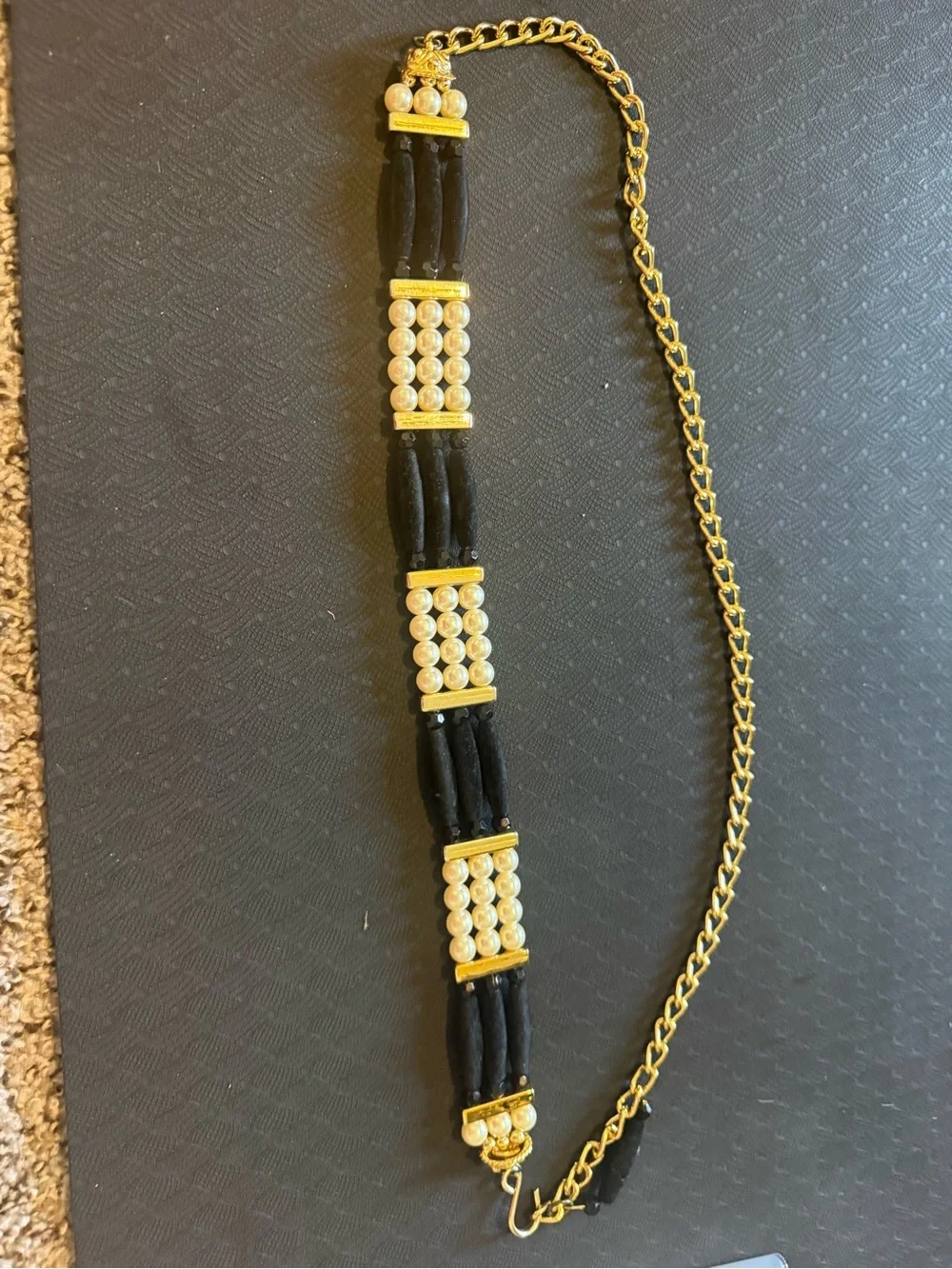 Gold-Tone Pearl Accent Black Fabric Choker Necklace 11